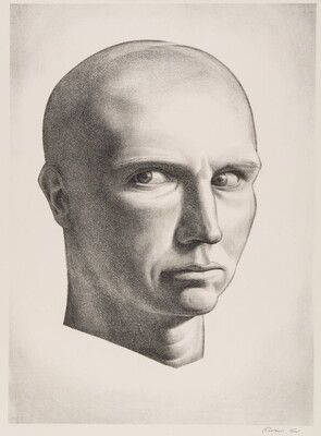 A black-and-white print portrait of the head of a completely bald, White man, eyes looking to the side.