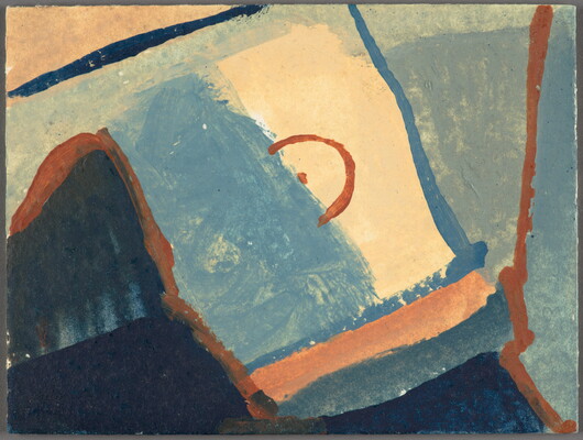 A watercolor of abstract shapes in varying shades of blue with thick rust and blue lines vaguely outlining some of the shapes.