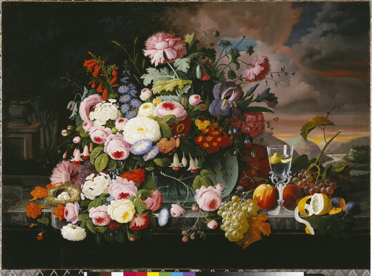 An oil painting of an enormous bouquet of colorful flowers next to an array of fruit and a water-filled wineglass on a table.