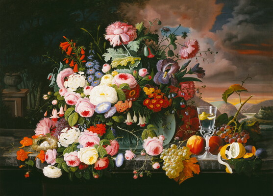 An oil painting of an enormous bouquet of colorful flowers next to an array of fruit and a water-filled wineglass on a table.
