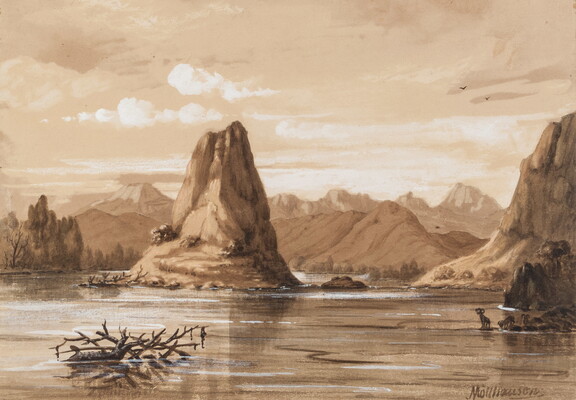 A sepia-toned watercolor of a rock formation rising out of calm water with mountainous terrain in the distance.