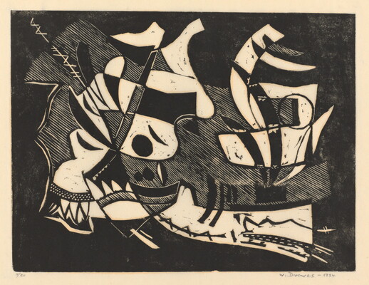 An abstract black-and-white print of various organic shapes alternating black and white, and pointed teeth-like shapes on the bottom left.