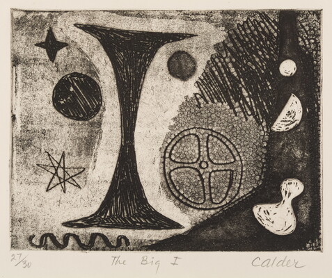 An abstract black-and-white print of a variety of organic shapes including an hourglass, stars, circles, a gear, squiggles, and other forms.