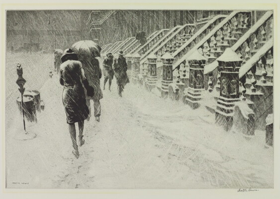 A black-and-white print of people walking along a city street during a snowstorm.