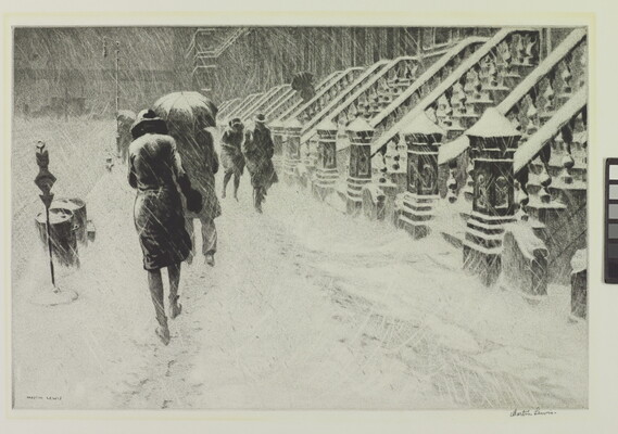 A black-and-white print of people walking along a city street during a snowstorm.