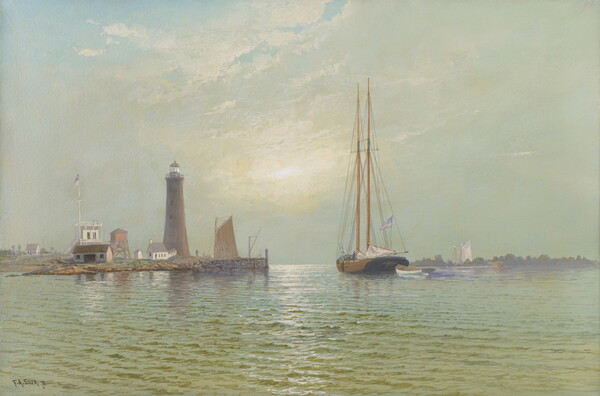 A watercolor of a harbor at sunrise that includes a lighthouse and a boat with tall masts.