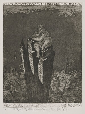 A black-and-white print of three skyscrapers towering over the rest of skyline with a larger-than-life nude person sitting on top of the skyscrapers.