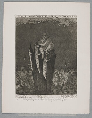 A black-and-white print of three skyscrapers towering over the rest of skyline with a larger-than-life nude person sitting on top of the skyscrapers.