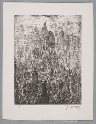 A black-and-white print of a city skyline from a bird's eye view, some buildings reaching up into billowing clouds.