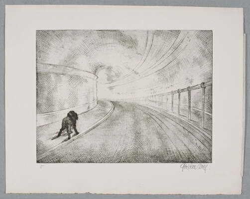 A black-and-white print of a paved tunnel with a rough sketch of an animal-like figure on the sidewalk.