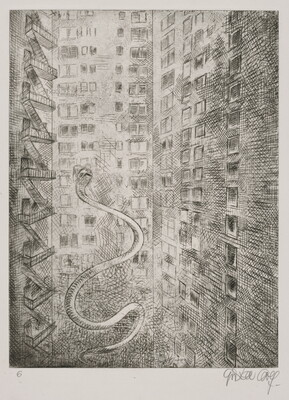 A black-and-white print of tall buildings, some with fire escapes, and a snake hovering up between the buildings.