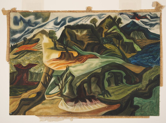 An abstract watercolor landscape of a mountainous terrain with some trees, mostly painted in blue, green, and yellow.