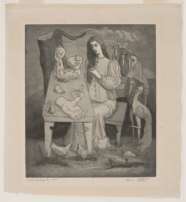 A black-and-white print of woman surrounded by birds, combing her hair at table cluttered with sculptures of body parts.