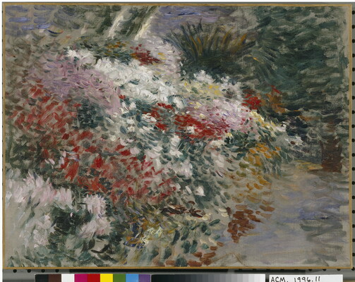 A colorful, impressionist-style painting of red, white, pink, and orange flowers in a garden.