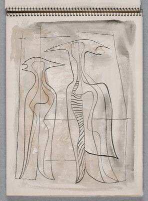 A watercolor drawing of two abstracted, bird-like figures on a page of a bound sketchbook.