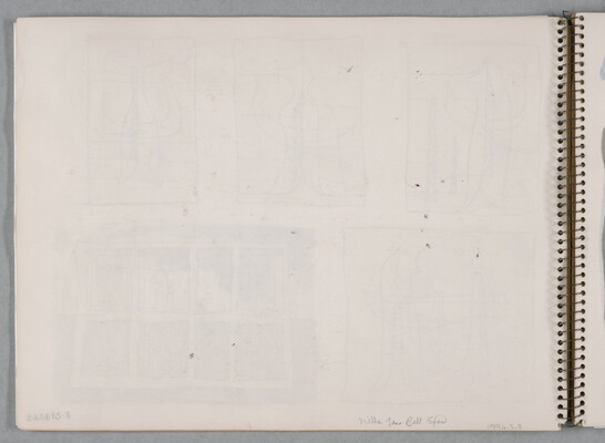 A group of five separate watercolor studies, four of abstract figures and one a cross-section of a building, on a page of a bound sketchbook.