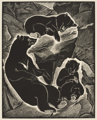 A black-and-white print of a black bear and two cubs napping on rocks.