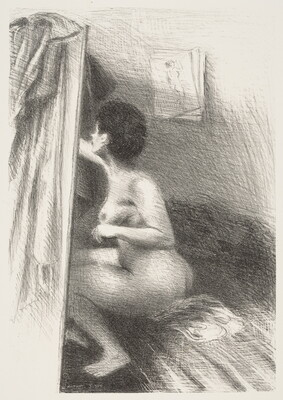 A black-and-white print of a seated nude White female, her back to the viewer, reaching toward a piece of fabric.