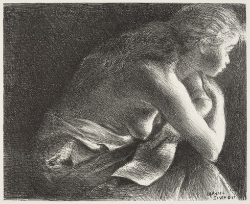 A black-and white print of a seated White female looking to the right with long wavy hair down her back and her dress slipping to reveal a bare breast.