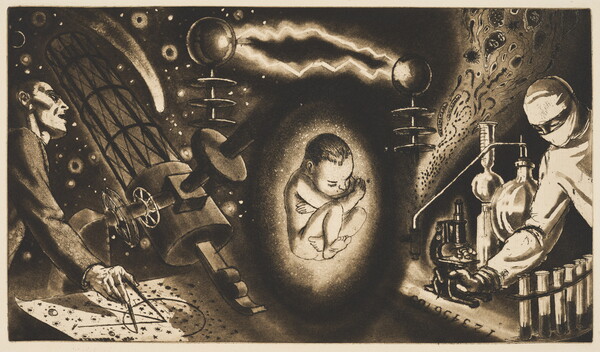 A black-and-white print of (L-R) a man looking through a telescope and drawing with a compass, two lightening rods above a baby in fetal position, and a masked scientist with a microscope and test tubes.