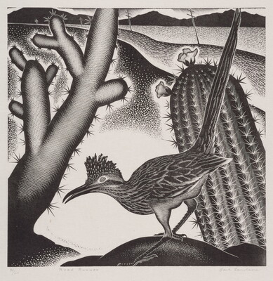 A black-and-white print of a roadrunner in front of cacti with powerlines and mountains in the distance.