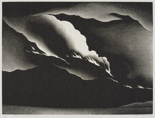 An abstract black-and-white print of a dark landscape with flames and smoke along the ridges of hills under a smoky sky.