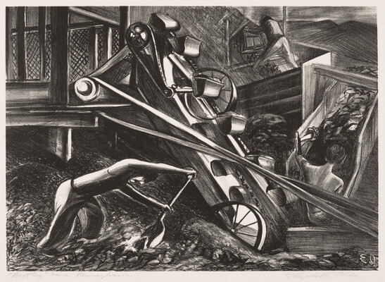 A black-and-white print of men shoveling coal into a conveyor belt machine.