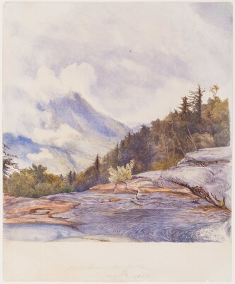 A watercolor landscape of a river, woods, and mountains on a cloudy day.