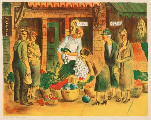 A color print of people looking at baskets of fruits and vegetables on a sidewalk under the awning of a building.