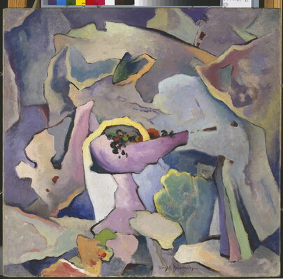 An abstract painting of a bowl of grapes surrounded by purple, blue, green, and yellow shapes.