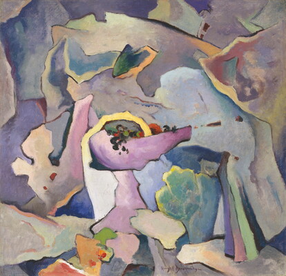 An abstract painting of a bowl of grapes surrounded by purple, blue, green, and yellow shapes.