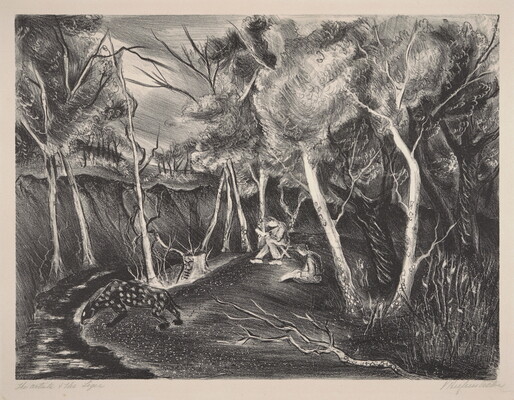 A black-and-white print of two artists in a wooded setting sketching a large black animal with white spots as it drinks from a creek.