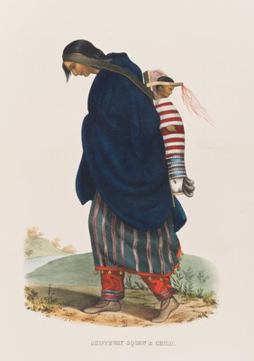 A color print of an Indigenous woman with long hair, a blue blanket or shawl wrapped over a red and gray dress, a child on a cradleboard slung on her back.