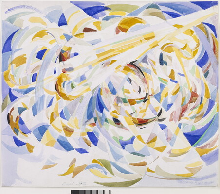 An abstracted watercolor of a swirling storm of brightly colored geometric shapes.