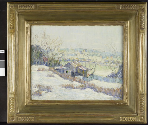 An oil painting of a wood cabin nestled in a snowy landscape.