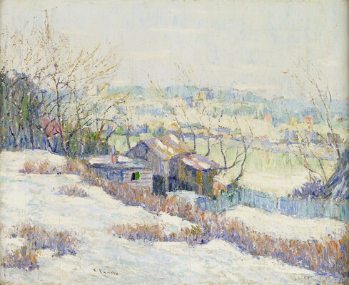 An oil painting of a wood cabin nestled in a snowy landscape.