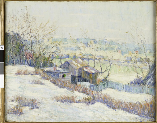 An oil painting of a wood cabin nestled in a snowy landscape.