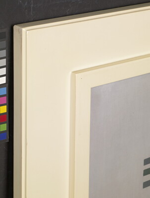 A detail of an abstract oil painting of a gray background with black, blue, gray, purple, and white rectangles and squares of various sizes.