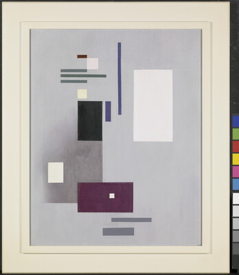 An abstract oil painting of a gray background with black, blue, gray, purple, and white rectangles and squares of various sizes.
