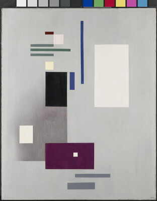 An abstract oil painting of a gray background with black, blue, gray, purple, and white rectangles and squares of various sizes.