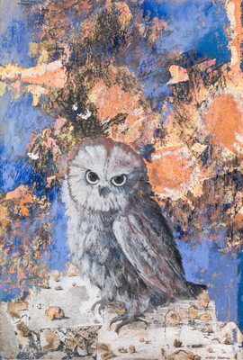 A pastel drawing of an owl looking directly at the viewer with an abstract, multicolor background.
