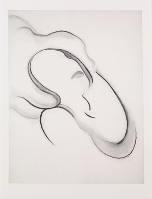 An abstract black-and-white print of a woman's head and shoulders made with simple, curving lines and shapes.