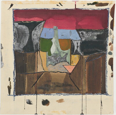 An abstract, colorful drawing with horizontal bands of dark red, black, and brown; at center is an abstract figure framed by brighter tones.