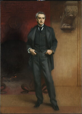 A life-size oil painting of an middle-aged man in a dark, three-piece suit and tie with his thumbs in his front pockets, standing in front of a large fireplace.