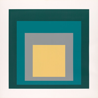 An abstract color print of four squares nested from largest to smallest in dark green, teal, gray, and yellow.