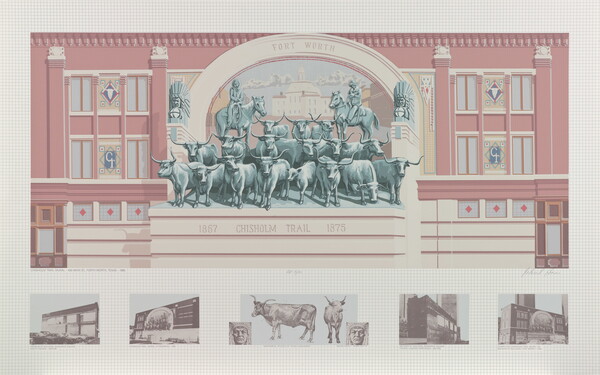 A color drawing of a building mural showing two men on horses directing a group of cattle in front of them; below are five vignettes showing various buildings.