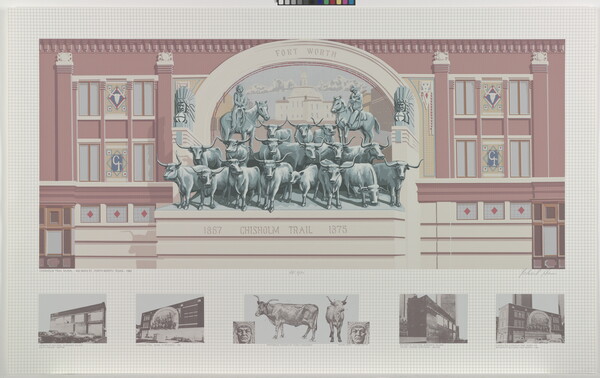 A color drawing of a building mural showing two men on horses directing a group of cattle in front of them.