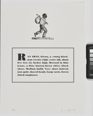 A black-and-white print of a historical graphic of an enslaved person placed above a paragraph that describes physical attributes and personality traits of the Black artist.