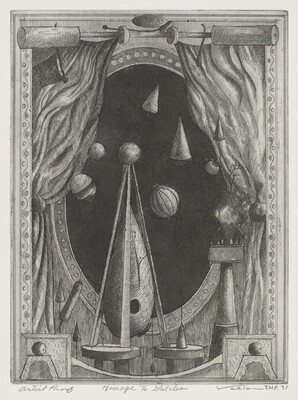 An abstract black-and-white print of a conical-shaped telescope on tables; planets of cones and spheres are seen through what looks like an oval window.