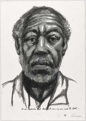 A black-and-white print of a sketch of a balding Black man who looks out at the viewer.
